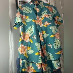 Hurley Floral Short Sleeve Shirt and Shorts Set - Teal and Orange